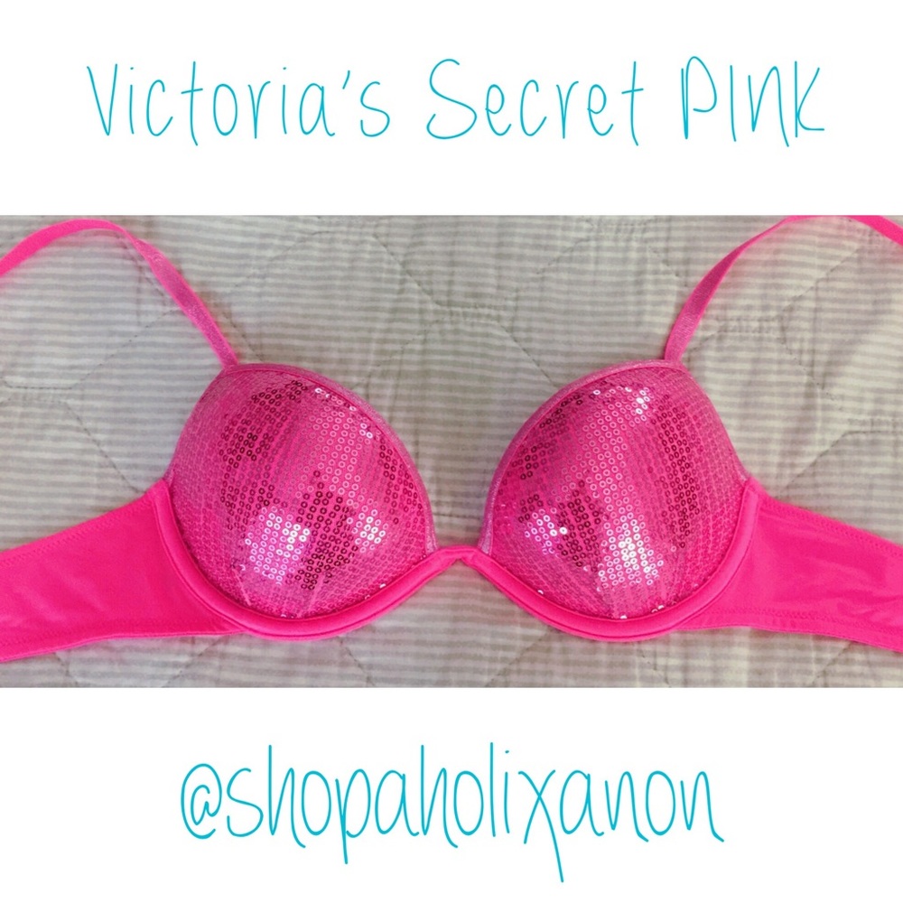 VS PINK Hot Pink Sequin Heartbreaker Push Up Bra